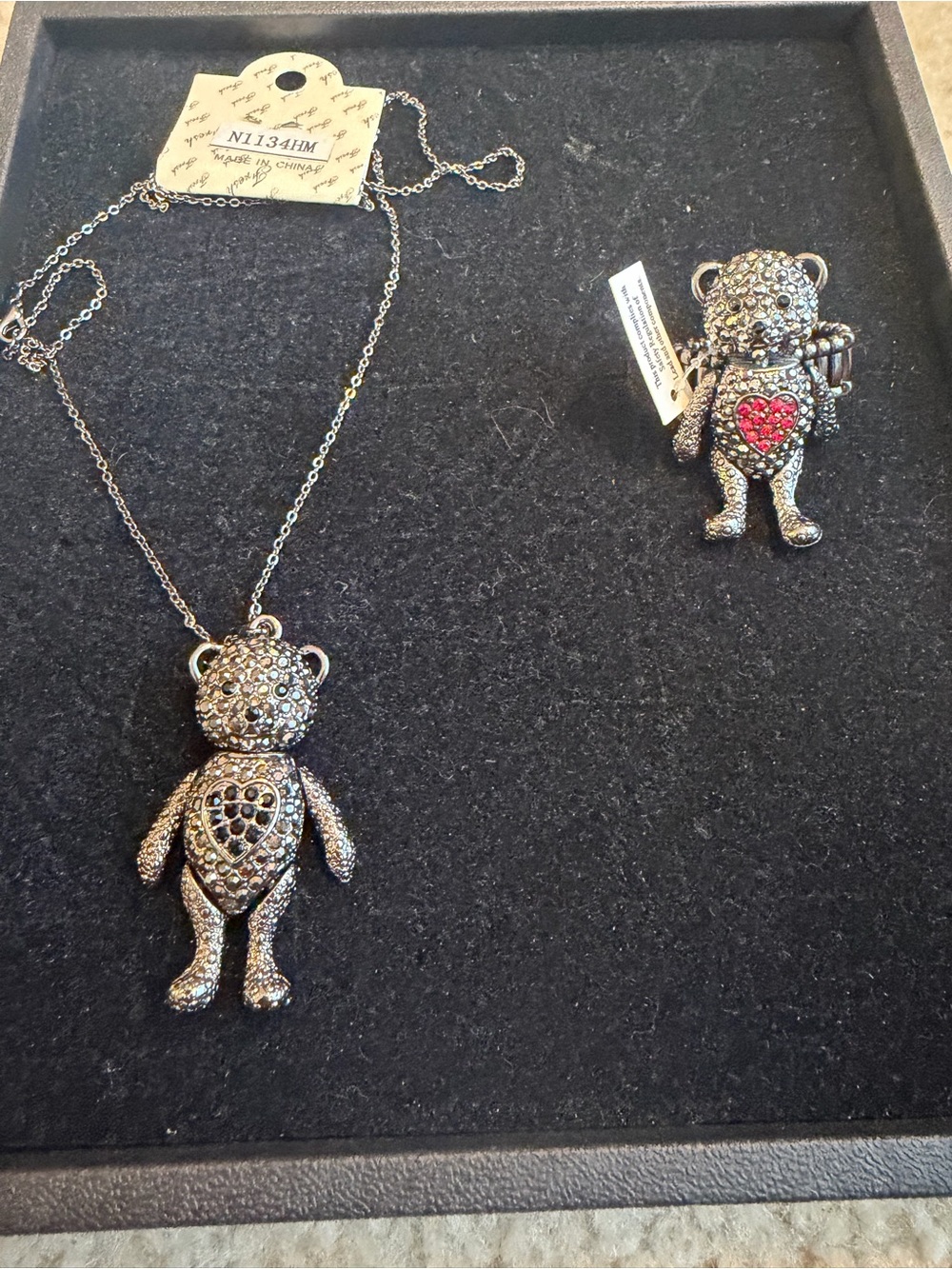 Rhinestone Teddy Bear Necklace & Adjustable Ring Set